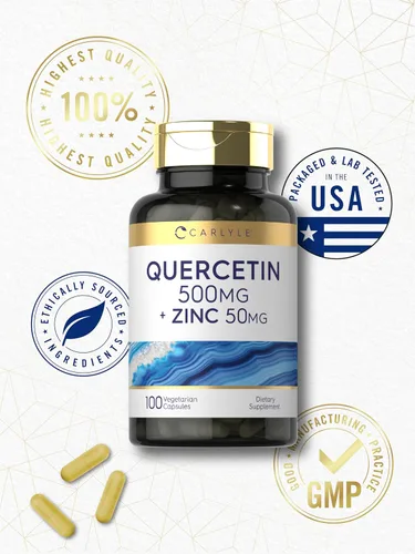Miniatura 6 de Carlyle Cápsulas de quercetina de 500 mg con 50 mg de zinc 100 unidades Suplemento sin OMG y sin gluten