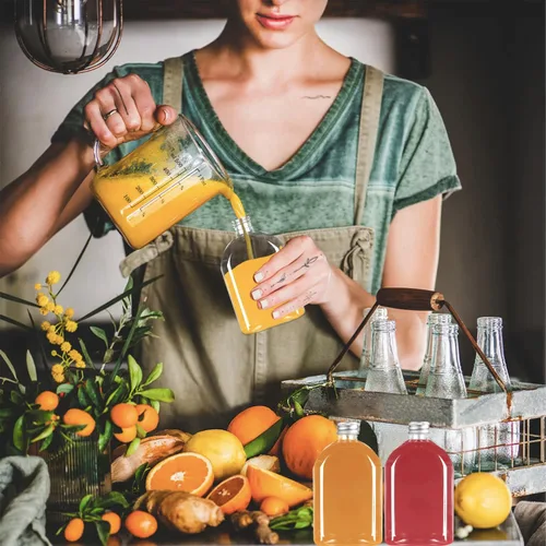 Miniatura 6 de Botellas de plástico con tapas, paquete de 24 botellas transparentes para jugos, botellas reutilizables para bebidas, recipientes transparentes a