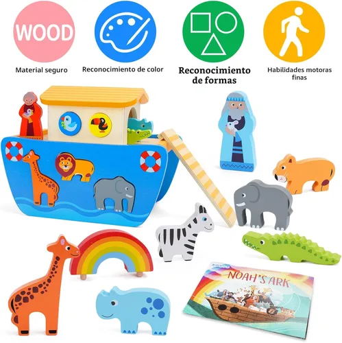 Miniatura 2 de KMTJT Juego de animales de juguete de madera del arca de Noé para niños pequeños, regalos de bautismo para niños de 1, 2, 3, clasificador de formas