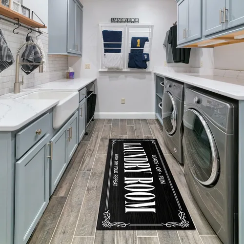 Miniatura 3 de Alfombra antideslizante para lavandería, decoración de lavandería, alfombra lavable para lavandería, baño, vestíbulo, cocina, 17 x 47 pulgadas, Negro
