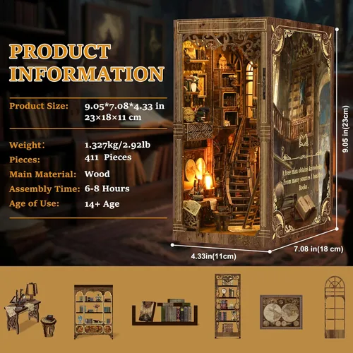 Miniatura 6 de SUNNINO Kit de Rincón de Libros - Kit de Casa de Muñecas en Miniatura DIY, Rompecabezas 3D de Madera con Luz LED, Kits de Rincón de Libros