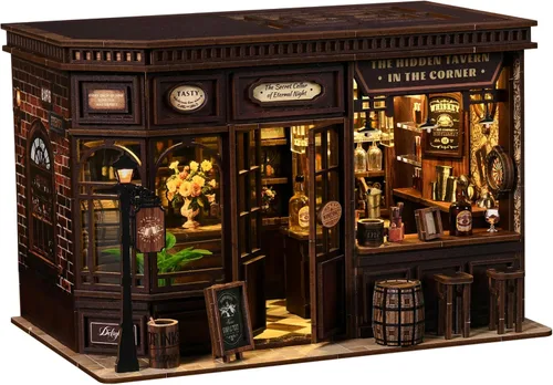 Corner Tavern - Kit de rincón de libro de bricolaje con luces LED, rompecabezas de madera 3D para adultos, 327 piezas, diorama inspirado en pub