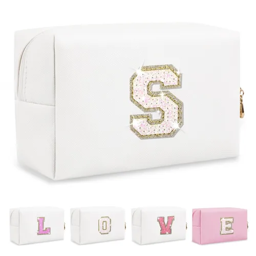Miniatura 41 de Pequeña bolsa de maquillaje personalizada con inicial A-Z Preppy Patch, bolsa de cosméticos de viaje de felpilla blanca con cremallera, bonita bolsa