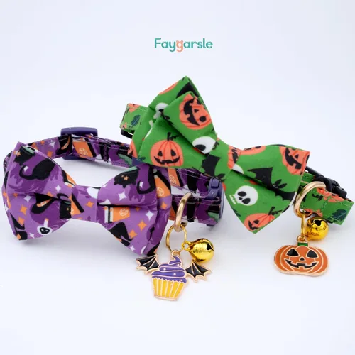 Miniatura 4 de Faygarsle Paquete de 2 bonitos collares de gato de temporada para Halloween y otoño, collar separable con cascabeles, corbatín, bonitos patrones