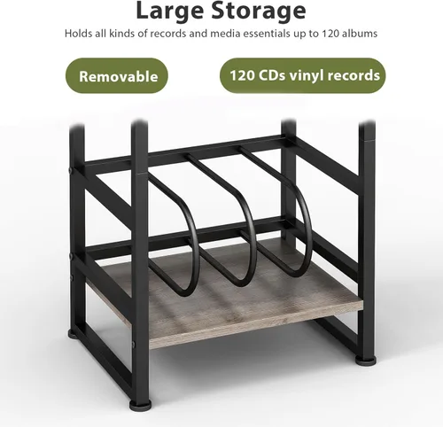 Miniatura 4 de Soporte para tocadiscos de vinilo de 3 niveles, mesa auxiliar para almacenamiento de álbumes, soporte para tocadiscos de 28 pulgadas de alto