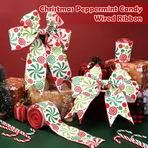 Miniatura 3 de Berlune 2 rollos de cinta de Navidad con borde de alambre de menta caramelo de 2.5 pulgadas de ancho, cinta de arpillera para manualidades, coronas