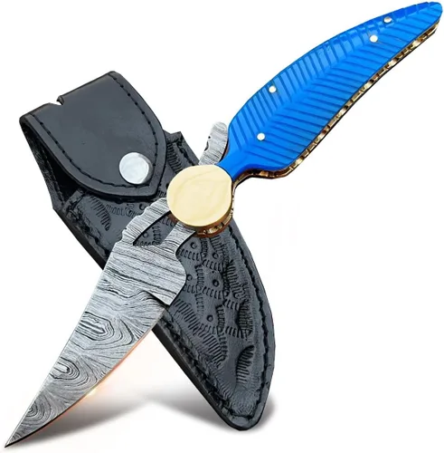 Miniatura 8 de Cuchillo de bolsillo de Damasco hecho a mano con funda, cuchillo de caza plegable de 7" con mango de madera, pequeño cuchillo de camping