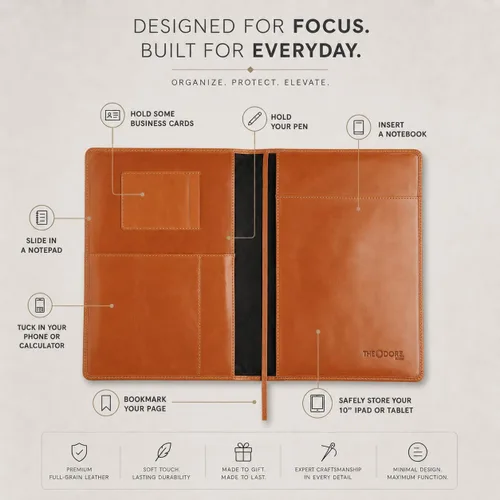 Miniatura 3 de Theodore Funda de cuero para cuaderno de 7.8 x 10.8 pulgadas con diario, para tableta, teléfono, cuaderno, tarjetas de visita, bolsillos