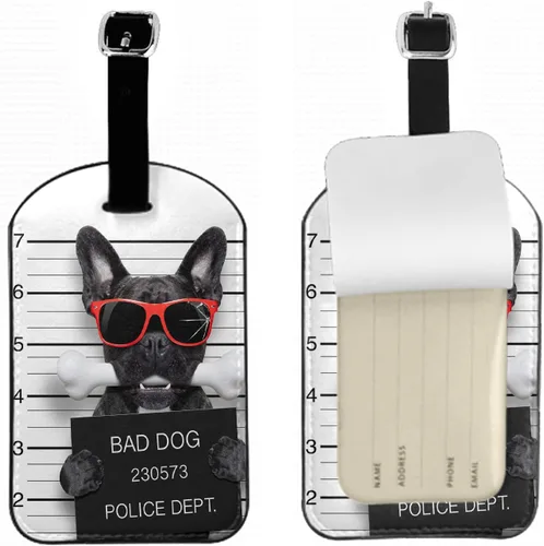 Zoczos Divertida etiqueta de maleta de bulldog francés con gafas rojas con soporte de placa de hueso en la boca, etiquetas de equipaje culpables