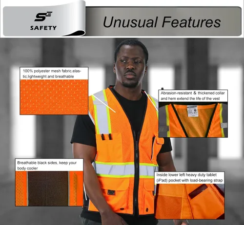 Miniatura 4 de sesafety Chaleco de seguridad con 9 bolsillos, chaleco reflectante de alta visibilidad, chaleco de seguridad, chaleco de trabajo para hombres