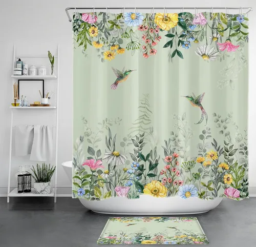 LB Juego de cortinas de ducha florales de acuarela con alfombras, colibrí y flores coloridas con hojas de eucalipto sobre tela verde salvia, cortina