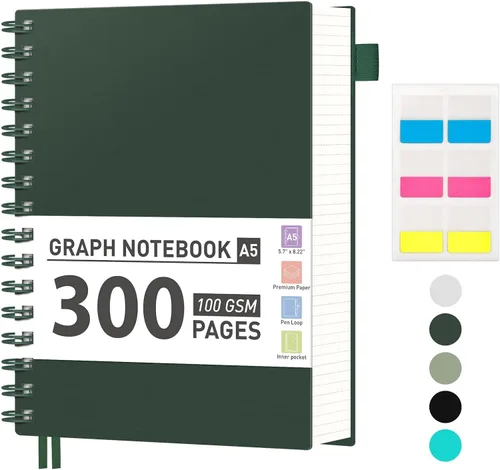 AHGXG - Cuaderno de papel gráfico, 300 páginas, cuaderno de espiral, cuaderno de papel de cuadrícula A5, papel grueso de 100 gsm, cuadernos de tapa