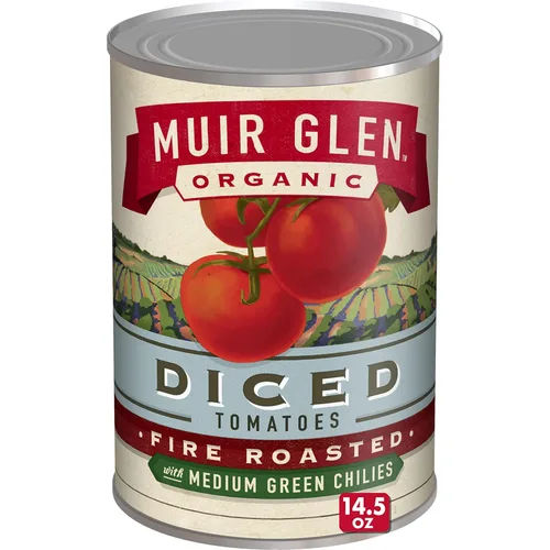 Muir Glen Tomates enlatados orgánicos tostados al fuego en cubitos con chiles verdes medianos, 14.5 oz.
