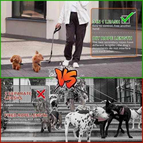 Miniatura 5 de Correa doble para perro para dos perros, desmontable giratoria de 360°, correa sin enredos con tiras reflectantes para caminar y entrenar perros