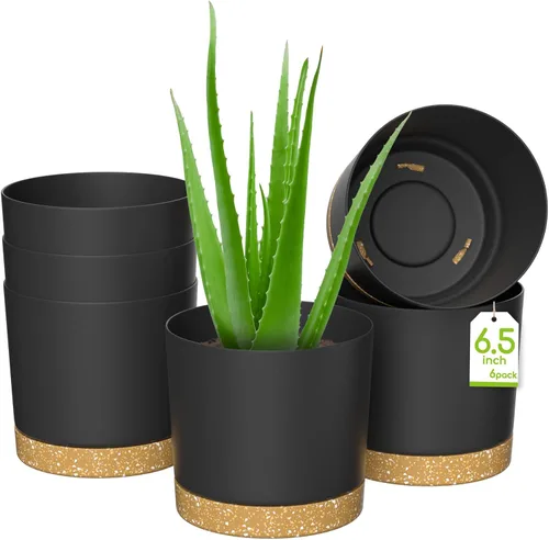 Miniatura 11 de ZMTECH Macetas para plantas, juego de 6 macetas de plástico de riego automático de 6.5 pulgadas con orificio de drenaje y platillo, maceta