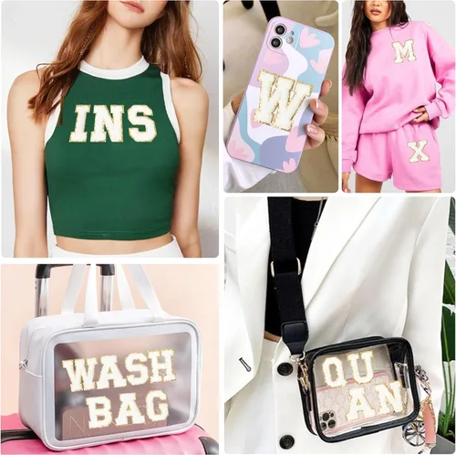 Miniatura 6 de Parches de letras de chenilla autoadhesivas: NICEVINYL 104 piezas de parches de letras preppy blancas para ropa y mochilas - Parche de inicial