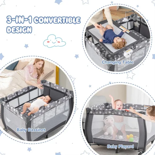 Miniatura 2 de HONEY JOY Pack and Play, corral portátil 3 en 1 para bebé con moisés, mesa de cambio, ruedas con bloqueo, caja de música, cuna de viaje plegable