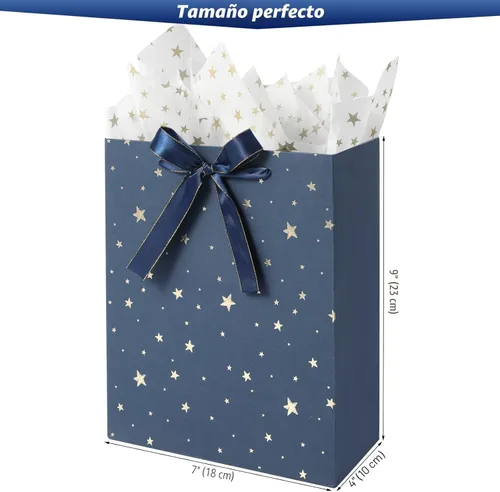 Miniatura 5 de KomoLeay Paquete de 4 bolsas de regalo de tamaño mediano de 9 pulgadas, bolsas de regalo azules de alta calidad con papel de seda para cumpleaños
