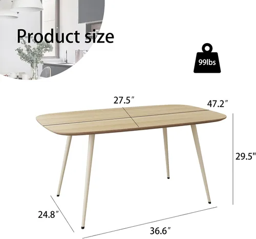 Miniatura 2 de HIPIHOM Mesa de comedor moderna de granja de 47.2 pulgadas, mesa de comedor rectangular de madera con patas de metal para 4 personas para comedor