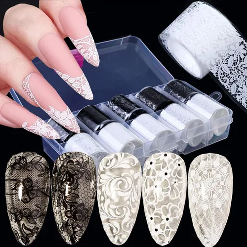 Miniatura 8 de 10 rollos de calcomanías holográficas retro de transferencia de láminas láser de encaje negro, suministros de arte de uñas, diseños de papel