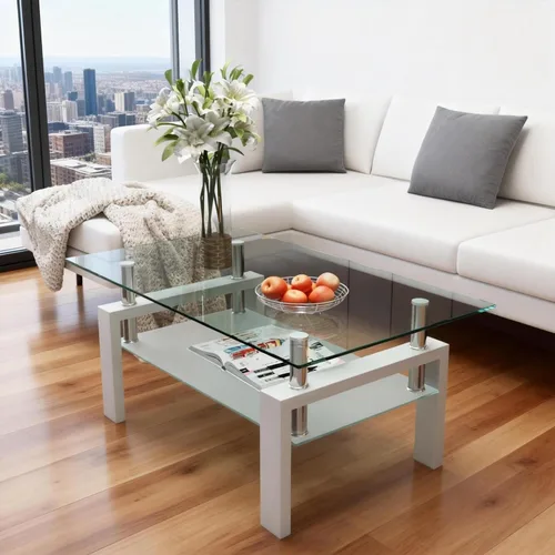 Miniatura 7 de Mesa auxiliar de cristal para sala de estar, mesa central rectangular de 2 niveles con patas de metal, mesa auxiliar para el hogar, oficina