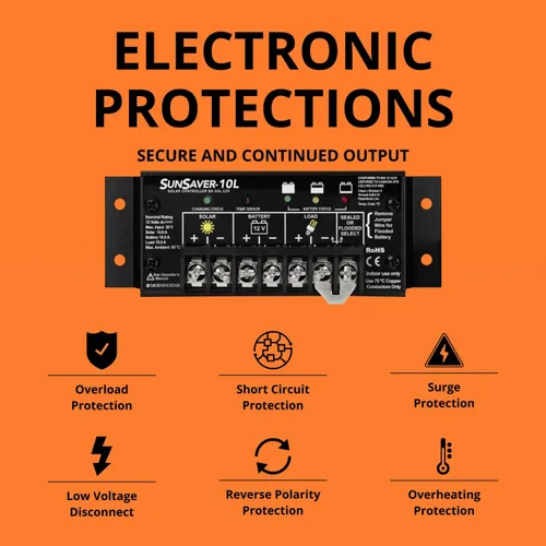 Miniatura 4 de Morningstar SunSaver 10A PWM Controlador de carga solar (SS-10L-12V) - Regulador de panel solar para baterías de 12V, Carga de batería de cuatro