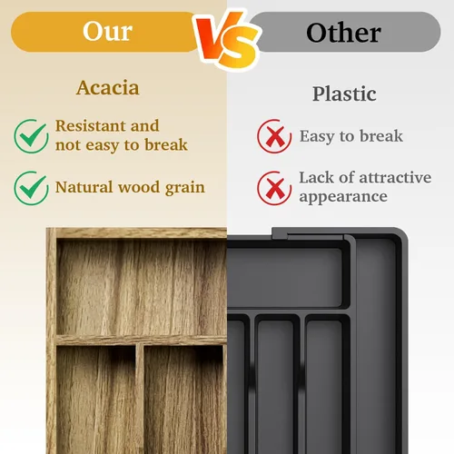 Miniatura 6 de Kiasthome Organizador de Cajón de Cubiertos de Madera de Acacia, Organizador de Cajón de Utensilios de Cocina con Divisores Ranurados, Organizador
