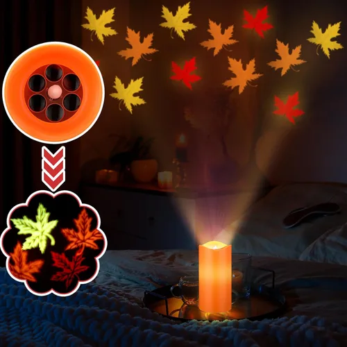 Miniatura 3 de Baquler Velas sin Llama con Proyector de Hojas de Arce Otoñales, Luces LED de Acción de Gracias, Luz Nocturna de Otoño con Control Remoto