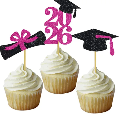 Miniatura 22 de Decoración para cupcakes de graduación, decoración de fiesta de graduación, selecciones de alimentos, felicitaciones, tapa de diploma con purpurina