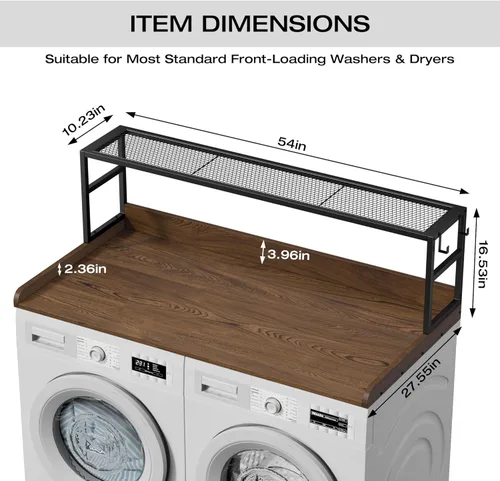 Miniatura 4 de Encimera para Lavadora y Secadora con Estante, Superficie Superior para Lavadora y Secadora, Encimera de Madera Maciza para Lavadoras y Secadoras