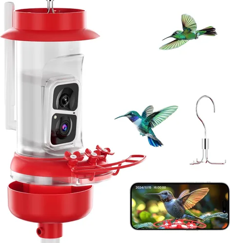 Soliom Comedero de colibríes con cámara, comedero inteligente para pájaros con vista en vivo 2K, identificación de especies AI, a prueba de fugas y