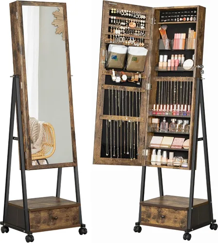 SONGMICS UJJC004X01 - Organizador de joyas con cerradura con espejo de longitud completa, cajón inferior, estante, ruedas, regalos de Navidad,