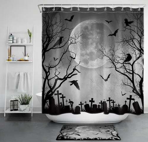 Miniatura 25 de Cortina de ducha de Halloween, cuervo negro, murciélago y árbol muerto en un bosque brumoso espeluznante con ganchos, cortina de baño de noche
