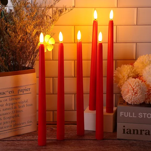 Miniatura 5 de Macarrie 24 Paquetes de Velas Cónicas Sin Llama Operadas con Batería Falsas de 11 Pulgadas de Largo Luz de Vela LED Sin Llama Candelabros Rojo