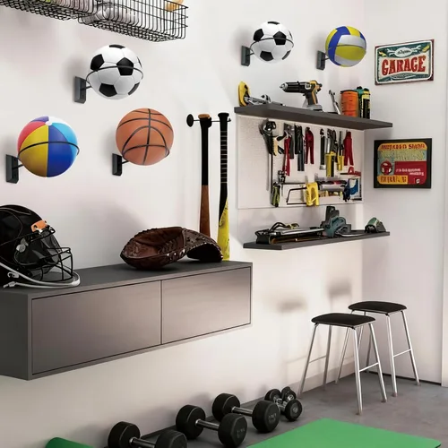 Miniatura 8 de Soporte de pared para baloncesto VIVTOB, soporte de pared para pelota de 7 pulgadas con base de madera maciza de nogal negro y anillo de metal