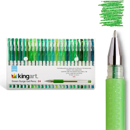 KINGART Studio - Juego de 24 bolígrafos de gel de tono verde – Agarre suave y cómodo – Punta redonda suave para detalles precisos – 24 tonos verdes