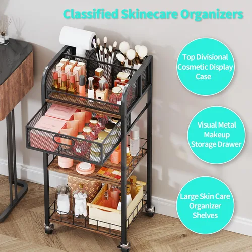 Miniatura 4 de HapiRm Organizador de maquillaje, carrito de almacenamiento de 4 niveles para el cuidado de la piel con cajón, carrito de maquillaje rodante