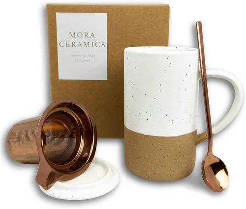 Miniatura 17 de Taza de Té Mora Ceramics con Infusor de Hojas Sueltas, Cuchara y Tapa, 12 oz, Taza de Café Apta para Microondas y Lavavajillas - Esmalte Cerámico