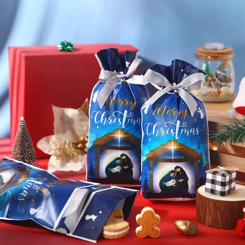 Miniatura 7 de Funrous 50 piezas de bolsas de regalo de Natividad - Bolsas de Navidad con cordón de plástico con lazos para regalos religiosos, Navidad, presentes