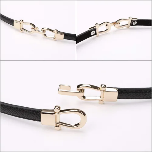 Miniatura 6 de JASGOOD Cinturón de cuero delgado para mujer, cinturones de cintura fina para vestidos de hasta 37 pulgadas con hebilla dorada, paquete de 2