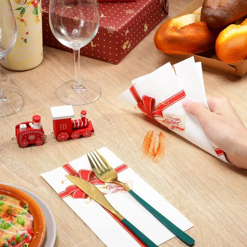 Miniatura 5 de 100 Piezas Servilletas de Papel de Navidad Caja de Regalo con Lazo 4.33 x 7.87 Pulgadas Toallas de Invitados de Navidad Desechables con Nudo de Lazo