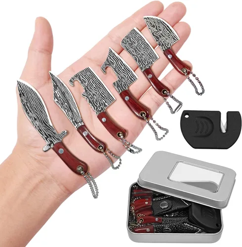Juego Mini de Cuchillos, Juego de Cuchillos de Bolsillo Damasco con Afilador, Mini Juego de Cuchillos de Chef EDC, Pequeño Juego de Cuchillos de