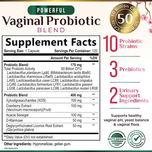 Miniatura 2 de Probióticos vaginales para mujeres, equilibrio de pH con prebióticos y lactobacilos, 50 mil millones de UFC por cápsula, suplementos de salud