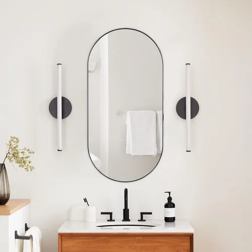 Miniatura 2 de Botiquín de baño empotrado ovalado de oro cepillado con espejo de acero inoxidable con marco de metal oblongo, en forma de píldora, gabinete de baño