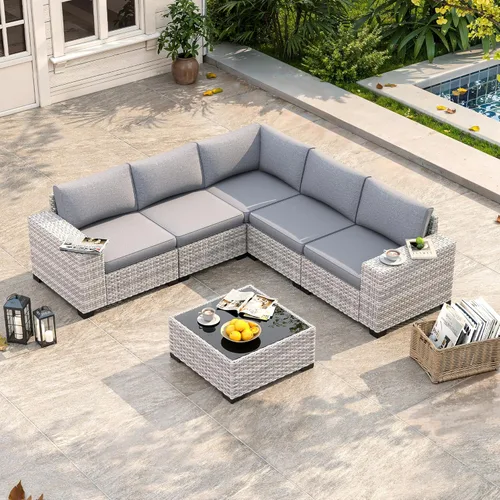 Miniatura 25 de Juego de muebles de mimbre para patio al aire libre de 3 piezas, sillas de patio giratorias mecedoras con respaldo alto con cojines gruesos de 4