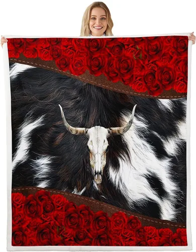 Miniatura 9 de Manfei Manta de piel de vaca, manta de cama de flores de rosa roja para decoración de habitación de niños y niñas, manta abstracta de piel animal