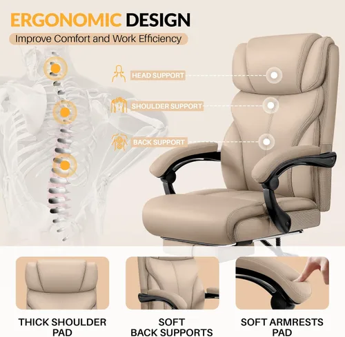 Miniatura 6 de HeroSet Silla de oficina grande y alta con reposapiés, silla ergonómica reclinable de cuero ejecutiva de 400 libras, soporte lumbar, sillas
