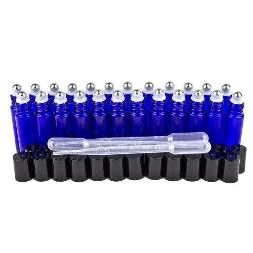 GreenHealth 24 botellas enrollables de cristal de aceites esenciales de color azul cobalto, rellenables, de 0.3 onzas líquidas, botellas de