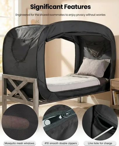 Miniatura 7 de ANC POP Tienda de Cama Twin Dosel de Cama Tienda de Ensueño Portátil para Adultos Tiendas de Dormir Interiores con 2 Puertas Tiendas de Espacio Negro