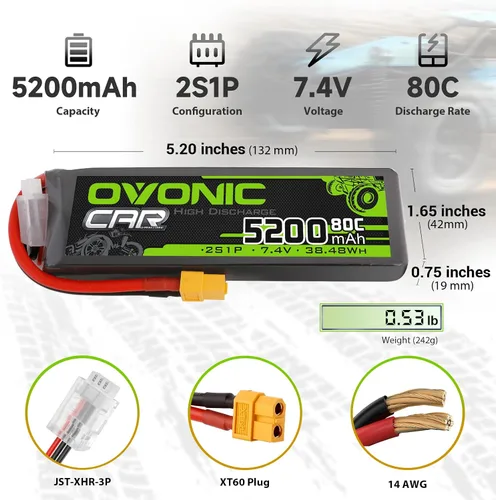 Miniatura 2 de OVONIC Lipo Batería 2S 5200mAh 7.4V 80C Batería con enchufe XT60 Funda suave para vehículos RC 1/8 1/10 Car Slash RC Buggy Truggy Airplane UAV Drone